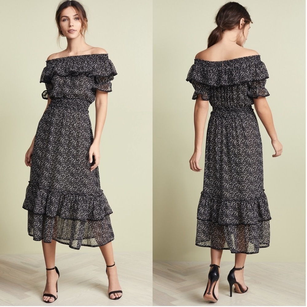 Misa Los Angeles Estefania Off-Shoulder Polka Dot Midi Dress In Black Sz Xs